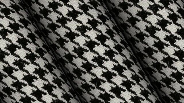 Revolving presentation of luxury Italian houndstooth black and white tweed fabric rolls highlighting bold traditional pattern for modern outerwear