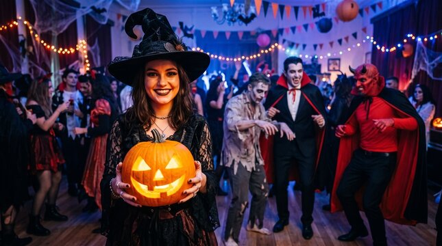Halloween Costume Party: Gorgeous Seductive Witch Wearing Dress Holds Burning Pumpkin. Background: Beautiful Devil, Scary Death, Count Dracula, Zombie Dancing in the Decorated Room