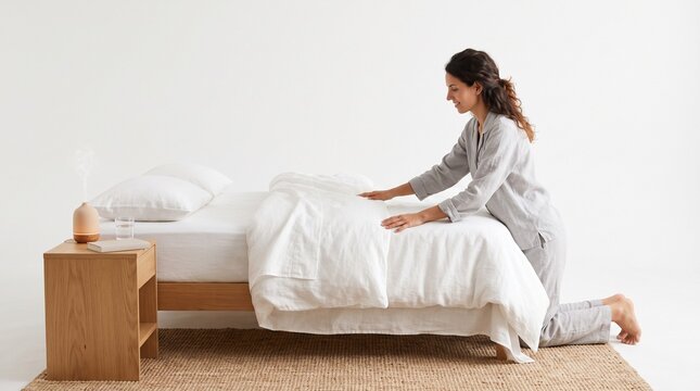 Woman in pajamas making a white bed with an essential oil diffuser on nightstand