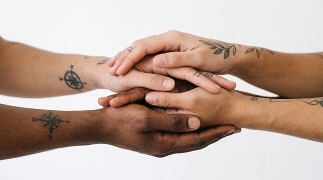Diverse hands with tattoos stacked together showing unity and connection