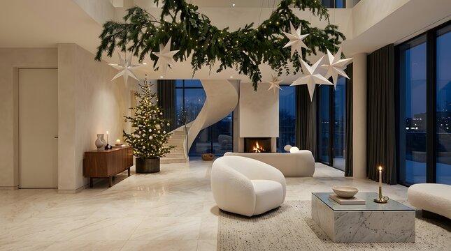 Modern luxury living room interior decorated for christmas with a large tree and elegant hanging greenery