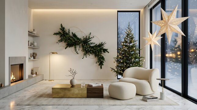 Modern luxury living room interior decorated for christmas with a glowing tree and festive holiday greenery