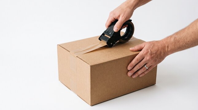 Hands sealing a cardboard box with packing tape on a white background