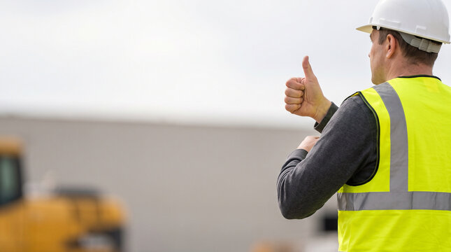 Rear View of Construction Worker or Engineer in Hard Hat and Safety Vest Showing Thumbs Up at Site, Concept of Project Approval, Inspection, and Success with Left Copy Space