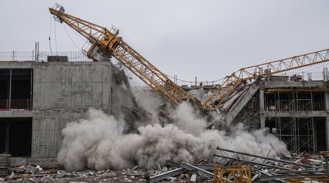 Collapsed Construction Crane Crashing Down with Dust and Debris
