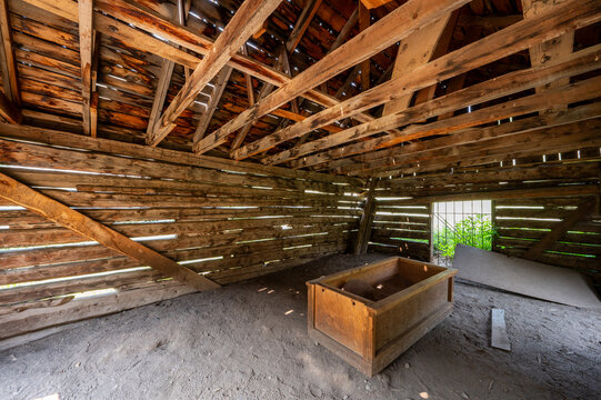 Long abandoned buildings of Ashcroft Ghost Town in Castle Creek Valley near Aspen, Colorado on sunny summer morning.