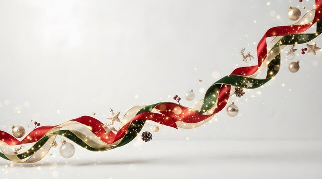 A festive red and green twisted ribbon garland decorated with sparkling beads on a white background