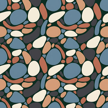 Seamless pattern with hand drawn abstract pebbles and stones in earthy tones on a dark green background