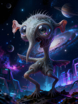 A pale, big-eyed extraterrestrial creature with a long snout stands in a futuristic city set against a sprawling cosmic galaxy.