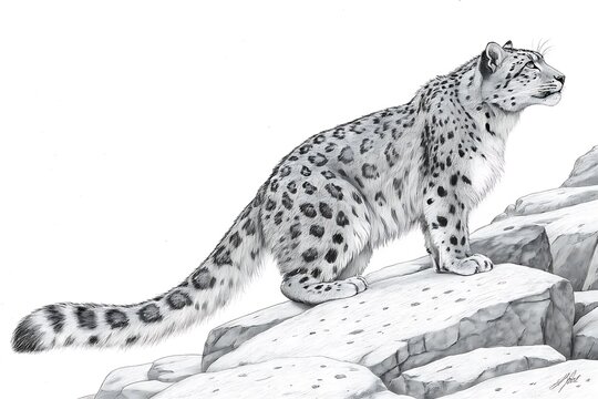 Snow leopard sitting on rocky mountain terrain