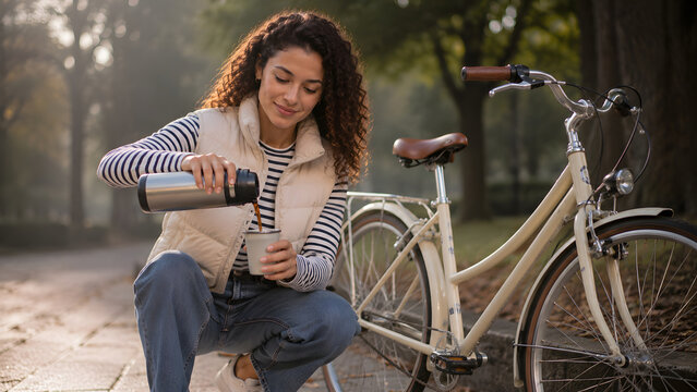 Woman checking a bicycle while crouching beside a tree lined park path, examining the bike during an outdoor cycling preparation moment.