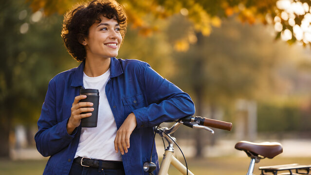 Woman leaning on a bicycle with a takeaway drink in warm golden hour park light, smiling beside the bike among softly blurred trees.