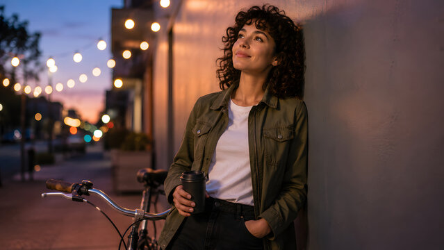 Woman standing with a bicycle and takeaway coffee on a city street at dusk, surrounded by glowing string lights and warm urban ambience.