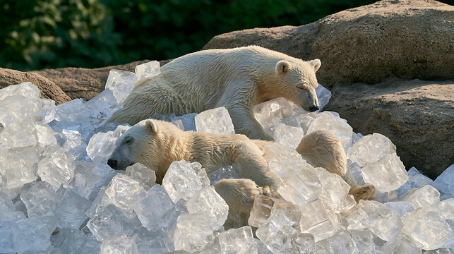 Majestic polar bear, Ursus maritimus, resting peacefully on cool ice cubes in a natural rocky habitat, showcasing wildlife adaptation