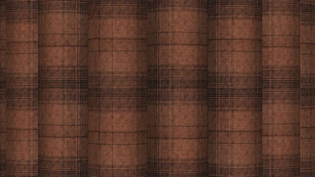 Seamless rotation of Italian terracotta brown glen plaid wool fabric rolls showing rich warm check pattern and traditional heritage tailoring material