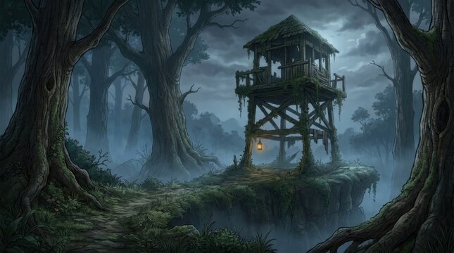 Spooky abandoned wooden watchtower in a dark foggy forest for halloween