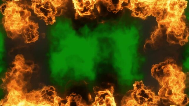 Dynamic fiery border of intense, ultra-realistic burning flames surrounding a vibrant green screen rectangular opening, perfect for dramatic visual effects and overlays