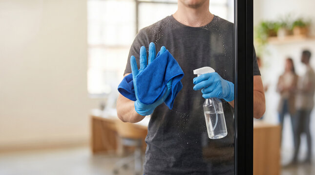 Close Up of Janitor in Blue Gloves Wiping Glass Window with Microfiber Cloth and Spray Bottle, Commercial Office Cleaning Service and Corporate Sanitation Concept with Copy Space