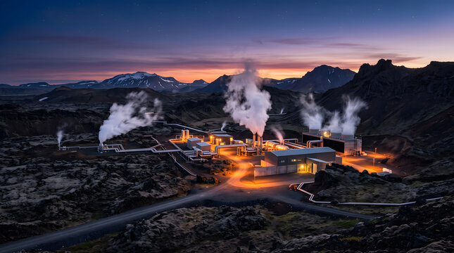 Geothermal Power Plant Amidst Volcanic Landscape at Dusk.