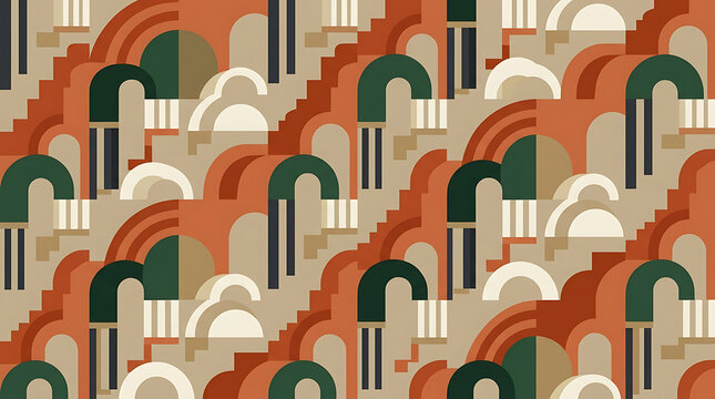 Abstract geometric seamless pattern featuring arches stairs and architectural shapes in a warm earthy color palette design