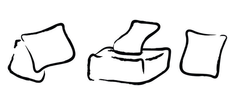 Vector set of tissue paper and soft paper napkins. Hand drawn doodle of handkerchief and facial tissues. Personal hygiene elements for bathroom and domestic use. Minimalist line art brush icons.