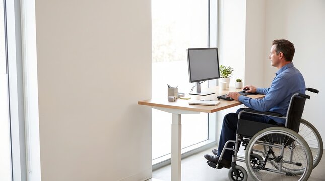 Accessible office desk with wheelchair space and inclusive copy area