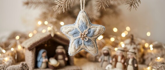 Fototapeta premium Knitted star ornament hanging above a nativity scene and glowing Christmas tree lights. Cozy handmade holiday decoration symbolizing faith, family, tradition, and festive celebration.