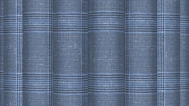 Dynamic turning rolls of Italian blue glen plaid wool linen silk fabric highlighting lightweight luxury blend and intricate tailored check design