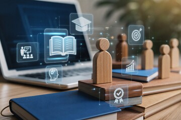 Employee training, professional development, and talent management with wooden figures, digital learning icons, and a laptop. Workforce education and skill improvement.