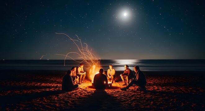Friends sitting around a campfire on a beach at night under a full moon and starry sky
