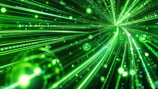 Emerald green digital data stream of quantum computing flowing through cyberspace with qubit trails, illustrating high-speed information transmission and advanced network