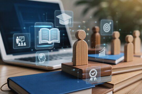 Employee training, professional development, and talent management with wooden figures, digital learning icons, and a laptop. Workforce education and skill improvement.