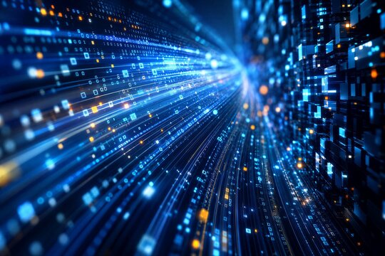 Digital data flow and high-speed information stream with abstract particles and pixel blocks. Modern network connection for artificial intelligence and big data science.