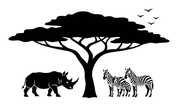 Black silhouette of an african savanna landscape featuring an acacia tree a rhino and a family of zebras against a white background minimal nature concept