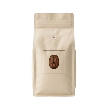 Beige coffee bean bag packaging with a valve and a single coffee bean illustration, isolated on transparent background