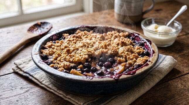 Hot blueberry crumble with ice cream and spoon on wooden table