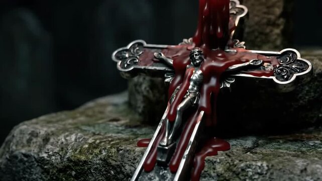 Bloody silver crucifix on dark stone for Halloween horror theme, spooky religious symbol with red blood dripping for gothic occult decoration