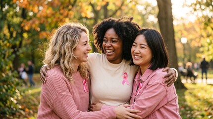 Fototapeta premium Three diverse women friends embracing in park wearing pink ribbons