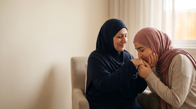 Young Muslim woman kissing her mothers hand as a sign of love and respect at home