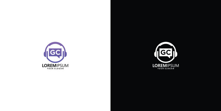 Modern graphic design featuring a headphone and chat bubble icon with 'GC' initial, symbolizing audio communication, podcasting, or gaming discussion
