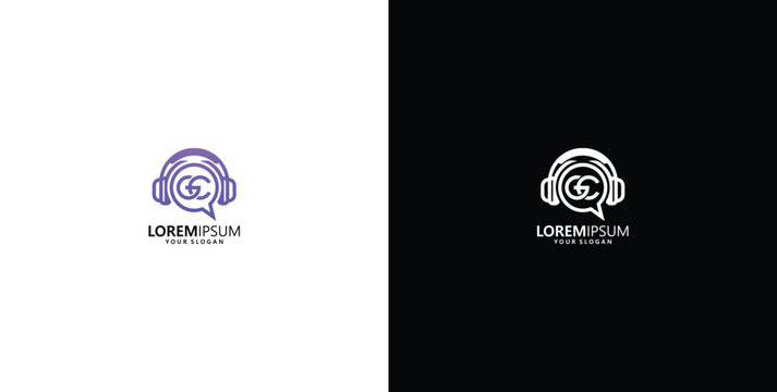 Modern and sleek podcast and music logo design featuring headphones and a speech bubble symbol in vector
