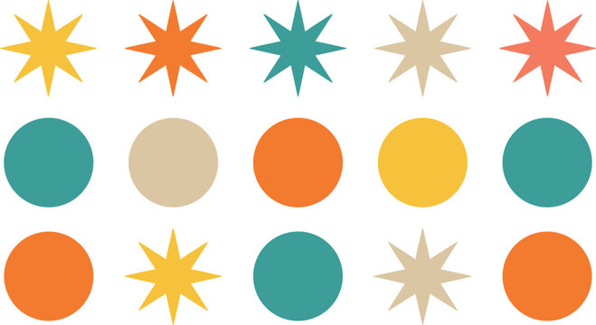 Retro Mid Century Modern Geometric Vector Shape Set with Colorful Eight Pointed Stars, Sparkles, and Solid Round Polka Dot Circles (21 words)