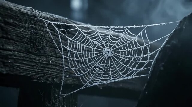 Halloween cobweb covered in frost on a wooden beam, spooky and eerie atmosphere for the holiday season