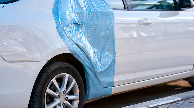 White car with damaged door covered by blue protective plastic film parked on city street, temporary vehicle repair concept and safety