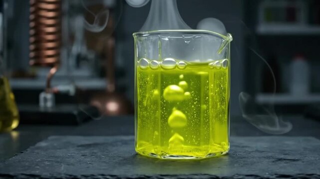 Spooky Halloween science experiment with bubbling neon yellow glowing potion and rising smoke vapor in a laboratory glass beaker