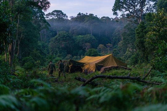 Large canvas field shelter with camouflage netting in a misty woodland, featuring weathered textures and muted tones for outdoor survival and expedition equipment