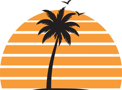 Tropical sunset landscape illustration with two silhouetted palm trees against large orange sun tropical landscape vacation paradise silhouette vector flat illustration