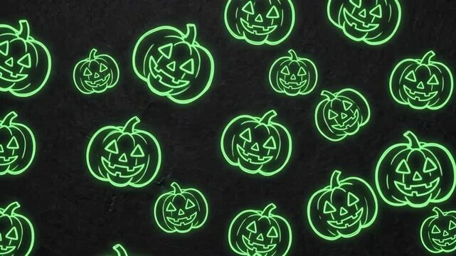 Glowing green neon Halloween jack o lantern pumpkins pattern background animation loop, spooky holiday design concept