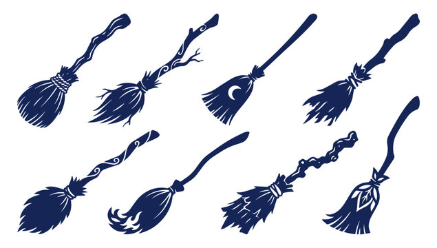 Set of diverse witch broomstick silhouettes isolated on a white background for Halloween design