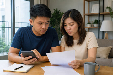 Obraz premium Southeast Asian partners reviewing property maintenance fees in a condominium